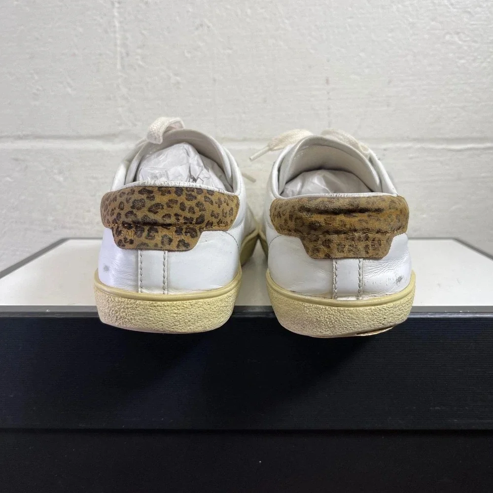 Saint‎ Laurent Court Classic Diamond White Leather Leopard Womens 37.5 EU/7.5 US